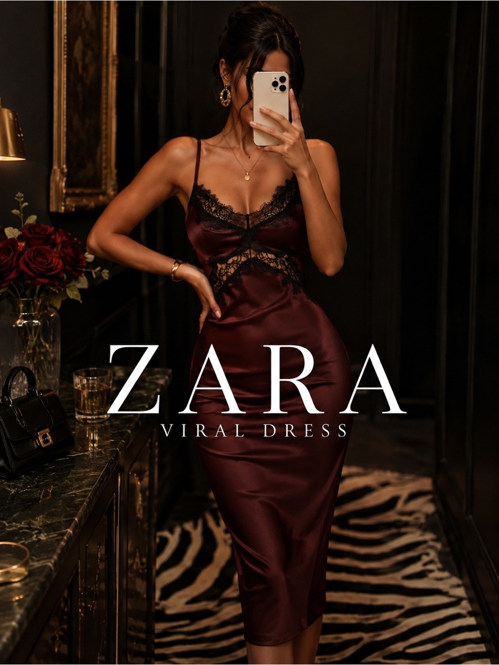 ZARA Satin Lace Midi Dress Burgundy Wine Viral TikTok Date Night Small